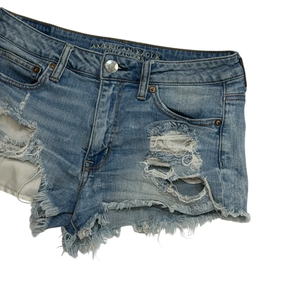 American Eagle Stretch Hi-Rise Festival Women's Cutoff Ragged Jean Shorts Size 8